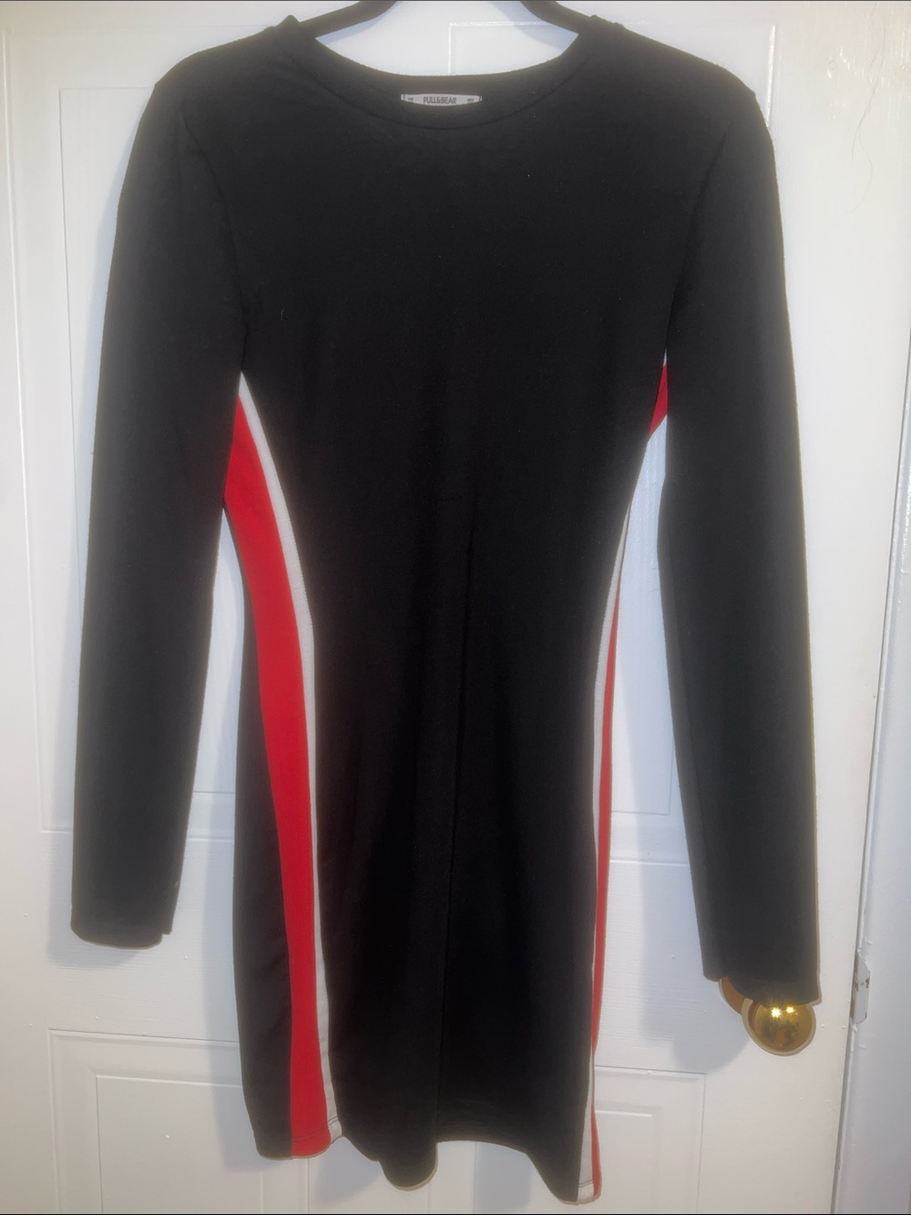 Pull&Bear Black Long-Sleeve Bodycon Dress with Red & White Panels